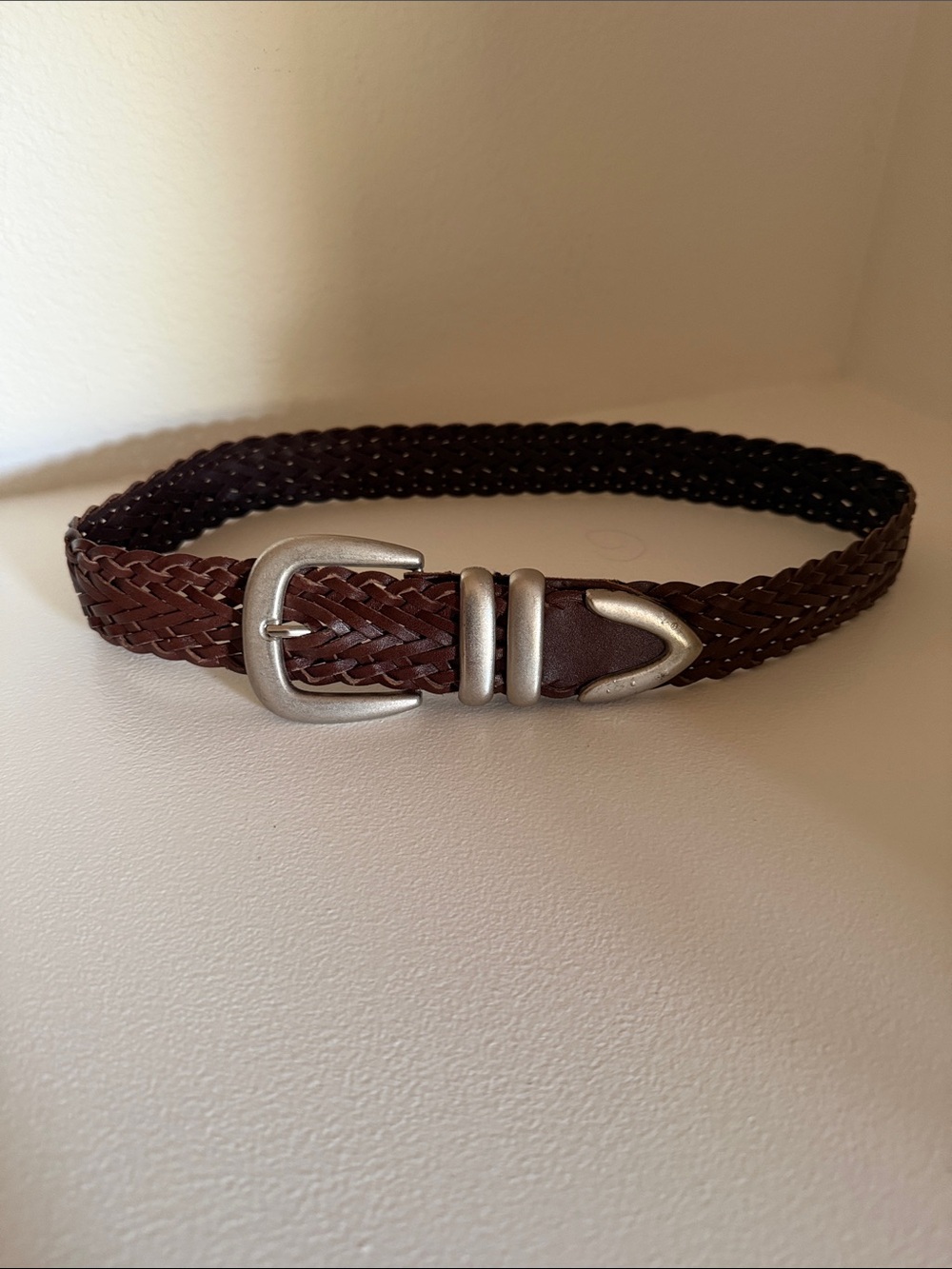 Brown Braided Leather Belt with Silver Buckle - Women’s
